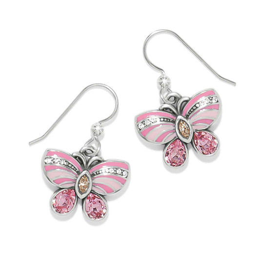 Brighton butterfly drop earrings with pink enamel wings, pink crystals, and silver-plated hooks on a white background