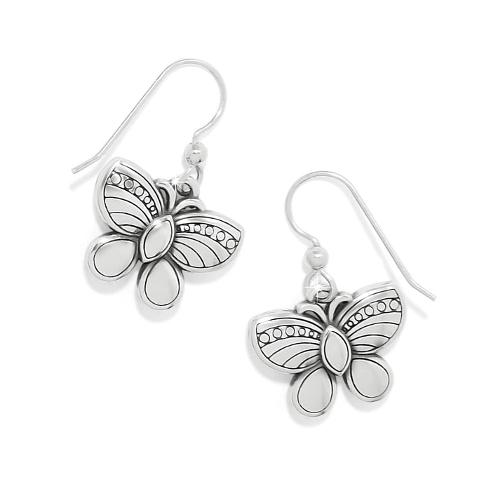 Brighton drop earrings with silver-plated butterfly charms featuring engraved line and dot details on a white background