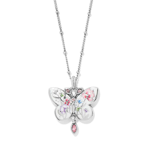Butterfly pendant necklace with colorful gemstones on a white background