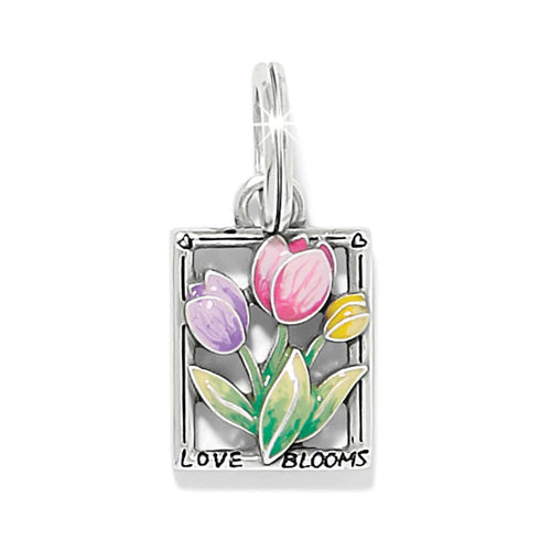 Brighton charm with colorful enamel tulips, silver-plated frame, and Love Blooms inscription on a white background