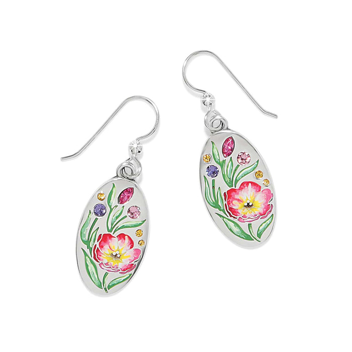 Brighton drop earrings with silver-plated oval charms featuring enamel floral design and crystal accents on a white background