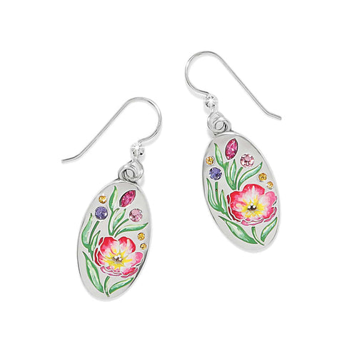 Brighton drop earrings with silver-plated oval charms featuring enamel floral design and crystal accents on a white background