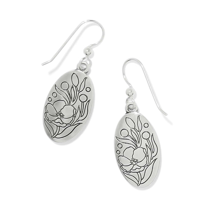 Brighton drop earrings with silver-plated oval discs featuring engraved floral and botanical design on a white background