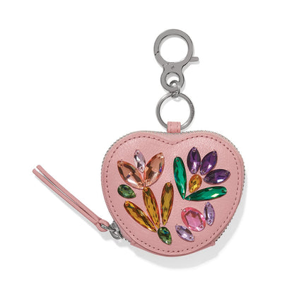 Brighton heart-shaped leather bag charm with multicolored gem beads and silver-tone clip on a white background
