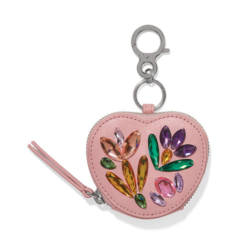Brighton heart-shaped leather bag charm with multicolored gem beads and silver-tone clip on a white background