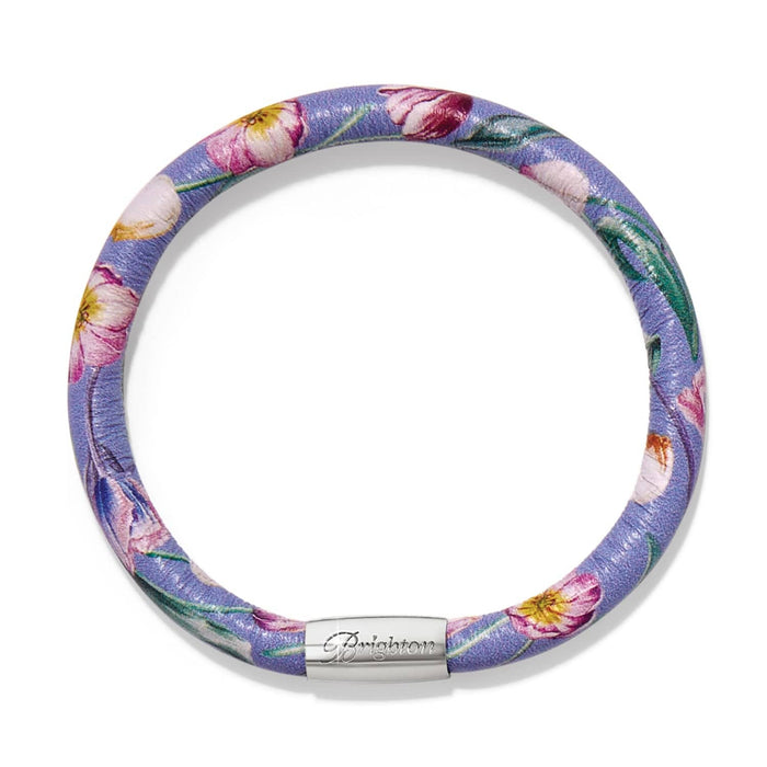 Brighton leather bracelet with purple tulip floral print and silver-plated magnetic clasp on a white background