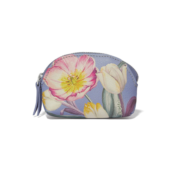 Brighton pouch with watercolor tulip print on lavender background and zip closure with leather pull on a white background