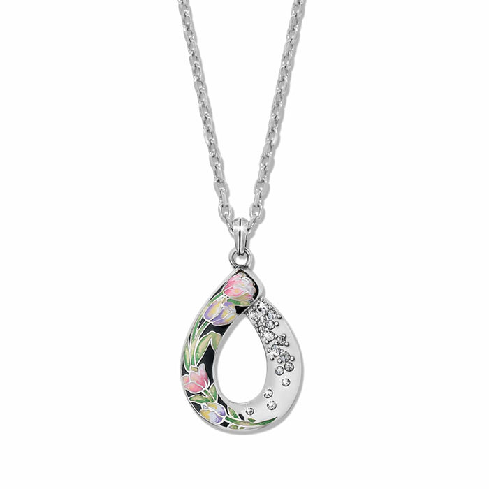 Brighton pendant necklace with silver-plated teardrop, enamel tulip floral design, and crystal accents on a white background