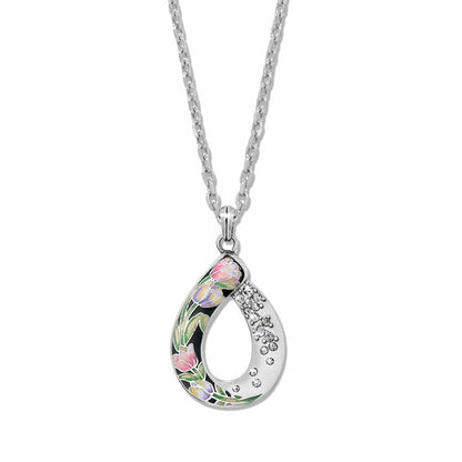 Brighton pendant necklace with silver-plated teardrop, enamel tulip floral design, and crystal accents on a white background