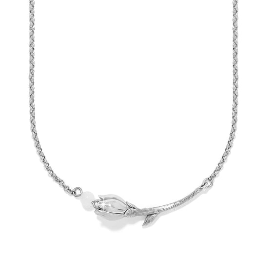 Brighton silver-plated necklace with tulip flower pendant and small white bead accent on a white background