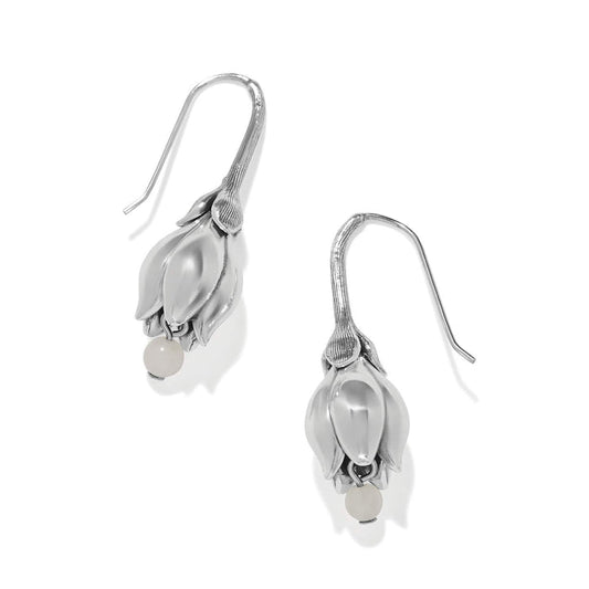 Brighton drop earrings with silver-plated tulip-shaped flower buds and small white beads on a white background