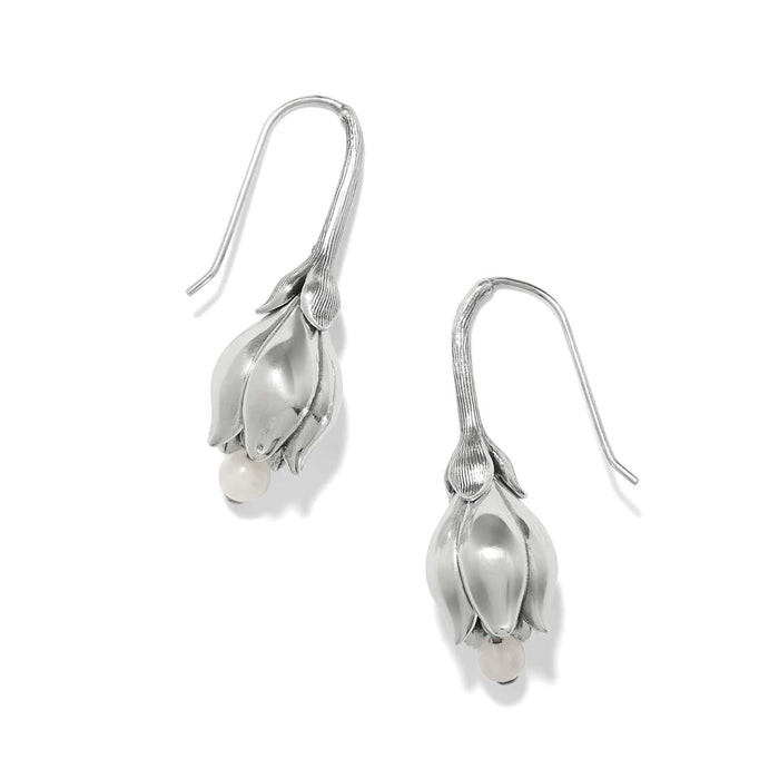Brighton drop earrings with silver-plated tulip-shaped flower buds and small white beads on a white background