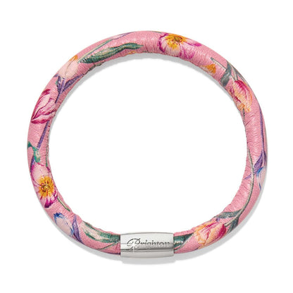 Brighton bangle bracelet in pink leather with floral print and silver-plated magnetic clasp on a white background