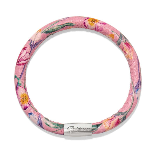 Brighton bangle bracelet in pink leather with floral print and silver-plated magnetic clasp on a white background