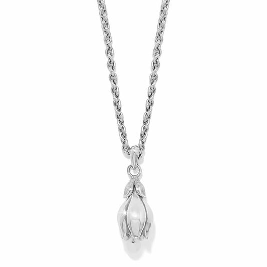 Brighton pendant necklace with silver-plated floral bud drop and cable chain on a white background