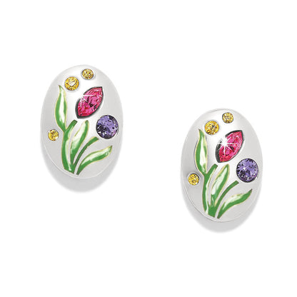Brighton silver-plated stud earrings with enamel tulip design and pink, purple, and yellow crystals on a white background