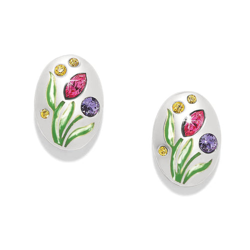 Brighton silver-plated stud earrings with enamel tulip design and pink, purple, and yellow crystals on a white background