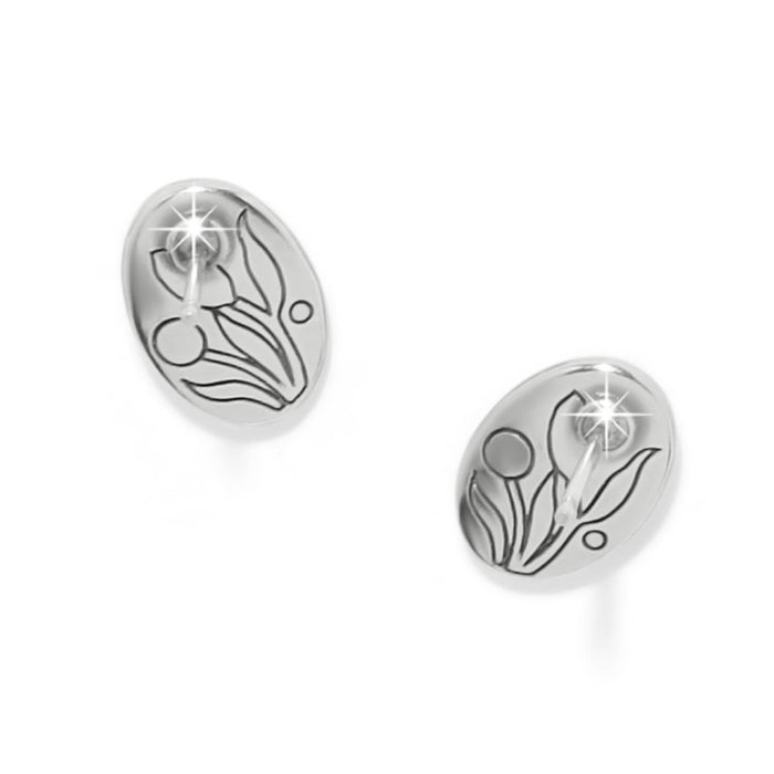 Brighton silver-plated stud earrings with engraved tulip floral design on a white background