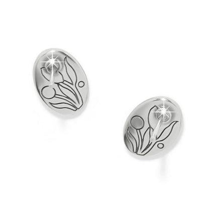 Brighton silver-plated stud earrings with engraved tulip floral design on a white background