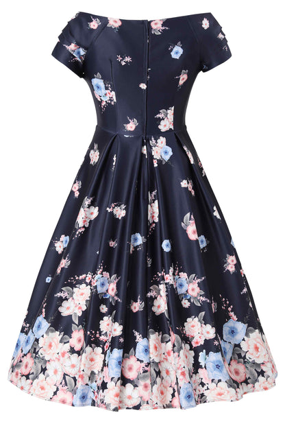 Lily Navy Blue Falling Rose Off Shoulder Dress