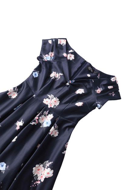 Lily Navy Blue Falling Rose Off Shoulder Dress