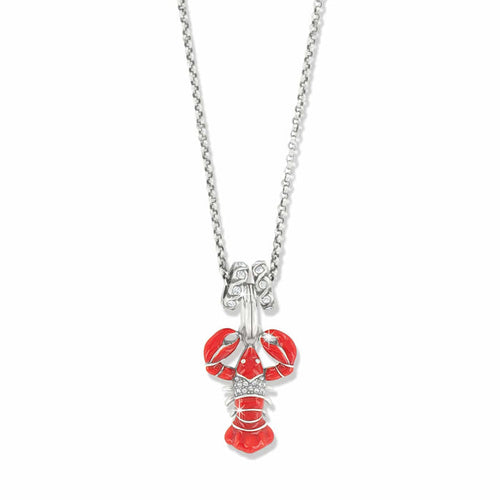 Brighton pendant necklace with red enamel lobster charm, crystal accents, and silver-plated chain on a white background