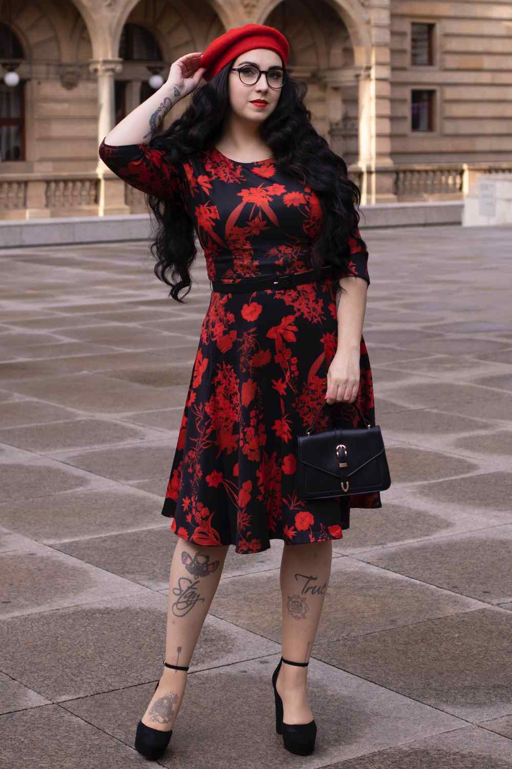 Beatrix Long Sleeved Midi Dress in Black/Red Floral