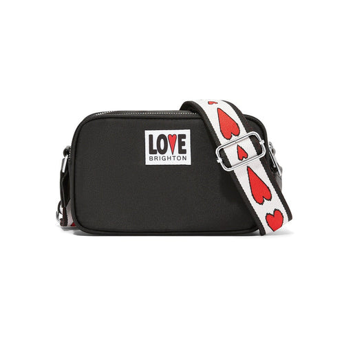 Brighton black crossbody handbag with Love Brighton patch and red heart print adjustable strap on a white background