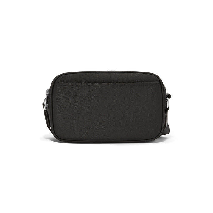 Brighton crossbody handbag shown from the back in black with silver-tone zipper hardware on a white background