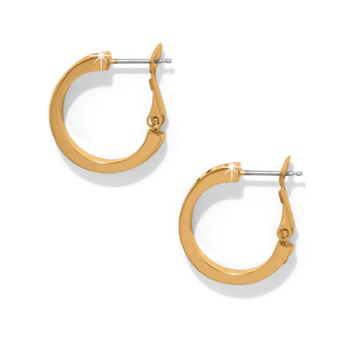 Brighton hoop earrings in gold-plated finish with polished flat-edge design and hinged closures on a white background