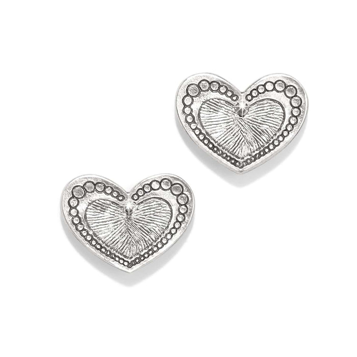 Brighton silver-plated heart stud earrings with beaded border and textured center detail on a white background