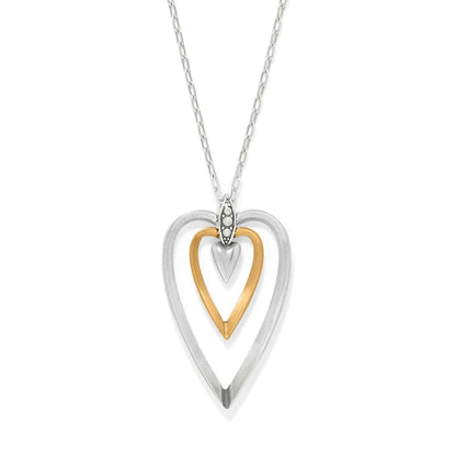 Brighton pendant necklace with silver-tone and gold-tone open hearts and crystal accents on a white background
