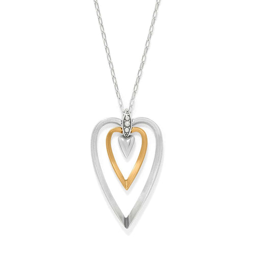 Brighton pendant necklace with silver-tone and gold-tone open hearts and crystal accents on a white background