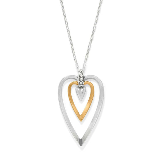 Brighton pendant necklace with silver-tone and gold-tone open hearts and crystal accents on a white background