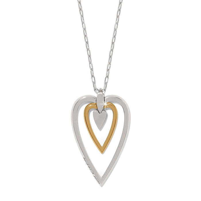 Brighton pendant necklace with two-tone silver and gold layered open heart design on a white background