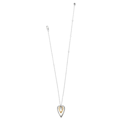 Brighton necklace with two-tone open heart pendant, crystal accent, and silver-tone chain on a white background