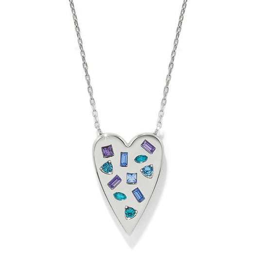 Brighton heart pendant necklace with silver-plated finish and assorted purple, blue, and teal crystals on a white background