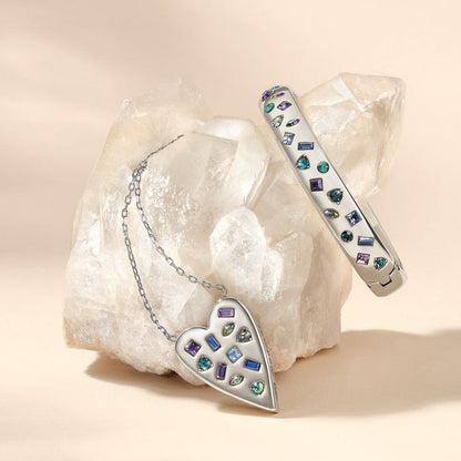 Brighton silver-plated heart pendant necklace and matching crystal bangle bracelet styled with quartz crystal stones