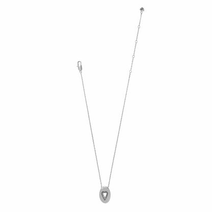 Brighton silver-plated pendant necklace with oval charm and crystal heart cutout detail on a white background