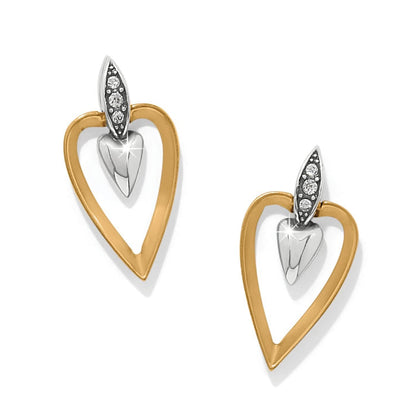 Brighton heart earrings with two-tone gold and silver finish and crystal accents on a white background
