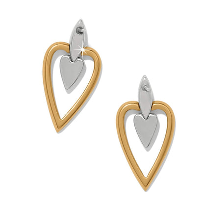 Brighton drop earrings with two-tone open gold heart outlines and silver heart centers on a white background