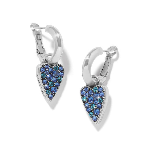 Brighton hoop earrings with silver-plated finish and blue crystal heart charms on a white background