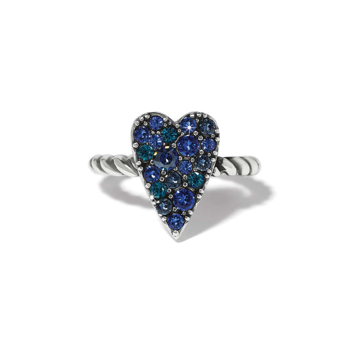 Brighton ring with blue crystal heart design and silver-plated twisted band on a white background