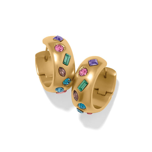Brighton hoop earrings with gold plated finish and multicolored crystals in assorted shapes on a white background