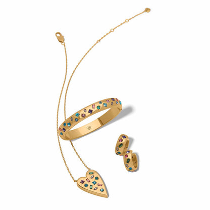 Brighton gold-plated heart pendant necklace, hinged bangle, and hoop earrings with multicolor crystals on a white background