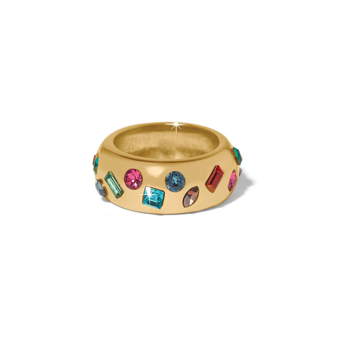Brighton gold-plated ring with multicolored crystals in round, square, and baguette shapes on a white background