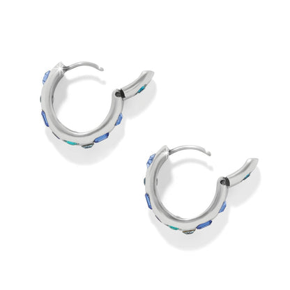 Brighton hoop earrings with silver-plated finish and blue and teal crystal accents on a white background