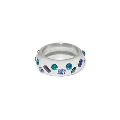 Brighton ring with silver-plated band and scattered blue, green, and purple crystal accents on a white background