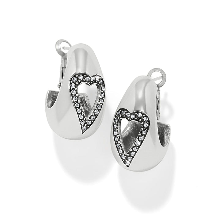 Brighton silver-plated hoop earrings with cutout heart design and crystal accents on a white background