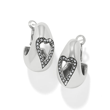 Brighton silver-plated hoop earrings with cutout heart design and crystal accents on a white background